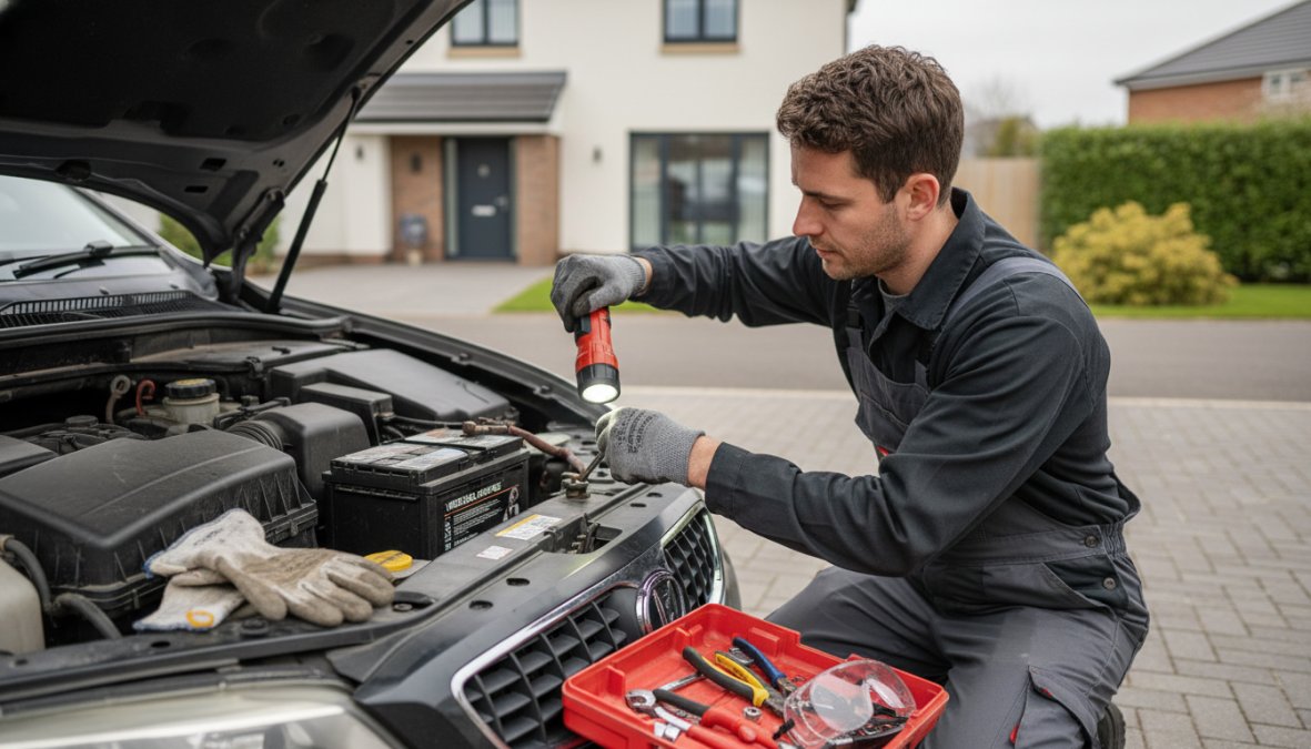 Expert tips illustration for car and person and wearing concepts for car battery replacement service kettering
