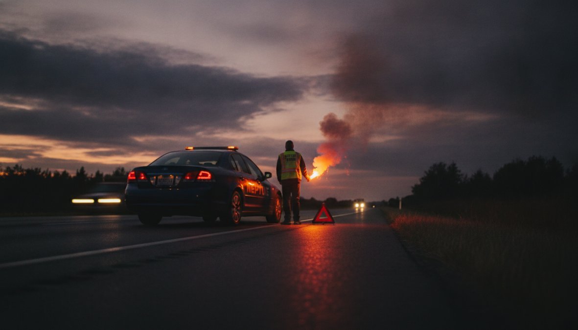 A vehicle pulled safely onto a highway shoulder with hazard lights flashing, reflective triangles placed on the road behind it, and the driver standing at a safe distance from traffic away from the roadway