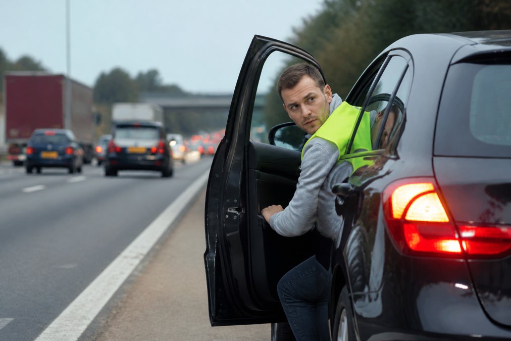 Car Broke Down on a Smart Motorway: What to Do A driver sitting in a stationary car on the hard shoulder of a UK motorway, hazard lights flashing, looking over their shoulder before opening the door