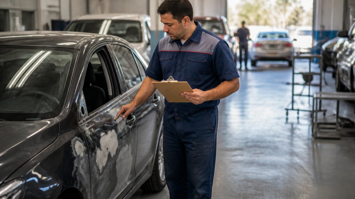 A technician in a clean auto body shop examining a damaged car door with a clipboard, other vehicles in the background, natural overhead lighting