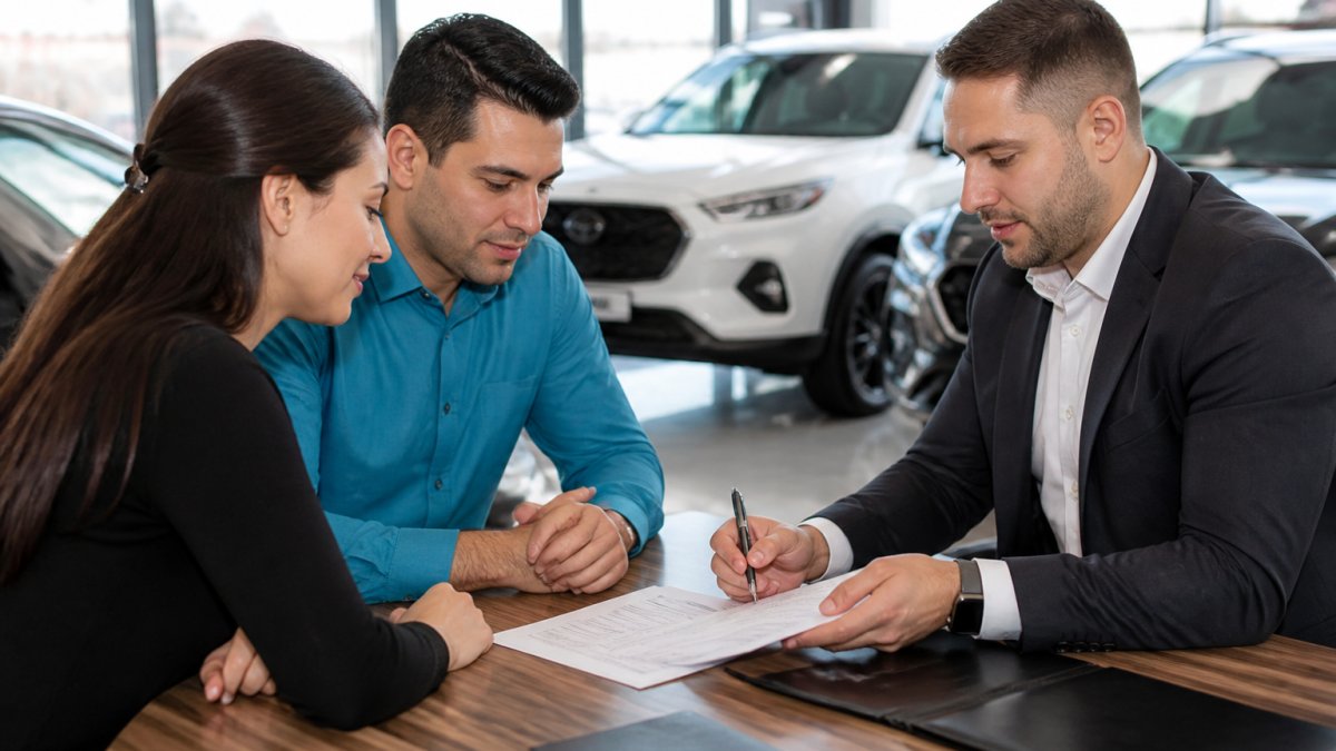 Financing specialist reviewing auto loan documents with a client at one of the car dealerships with financing.