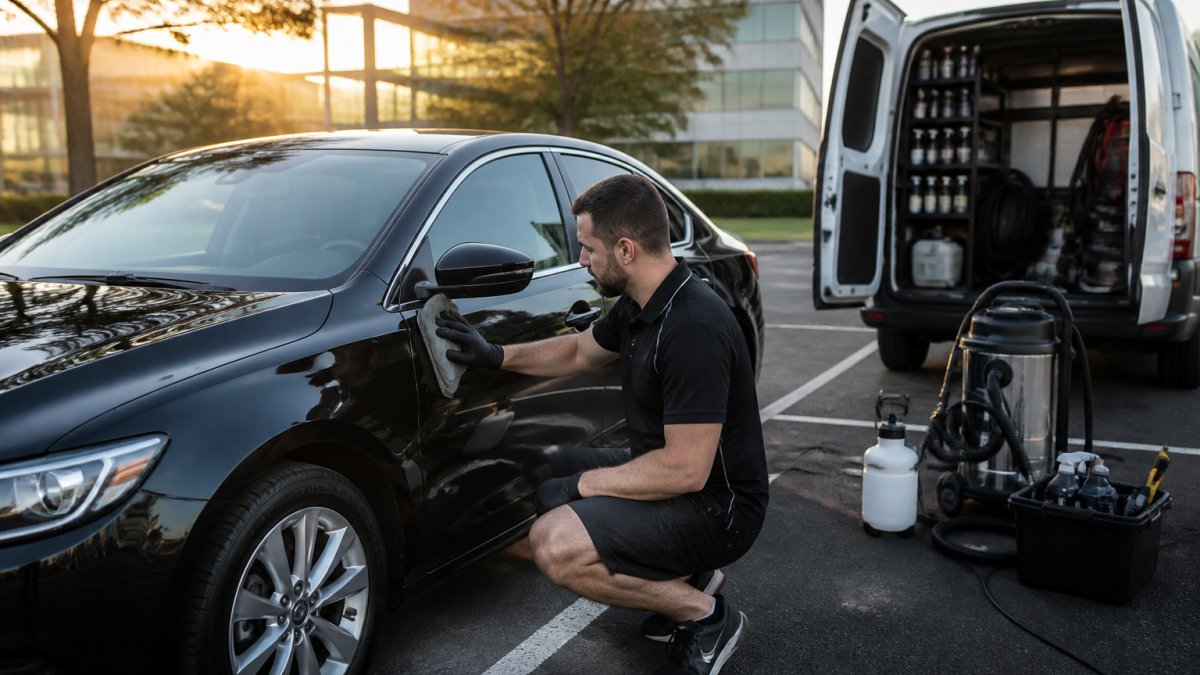 A detailer in a branded polo shirt working on a sedan in an office car park, with a compact mobile van and equipment beside the vehicle, early morning light