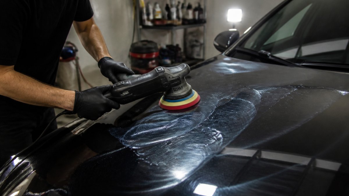 Person using a dual-action polisher for car detailing paint restoration on a glossy vehicle bonnet