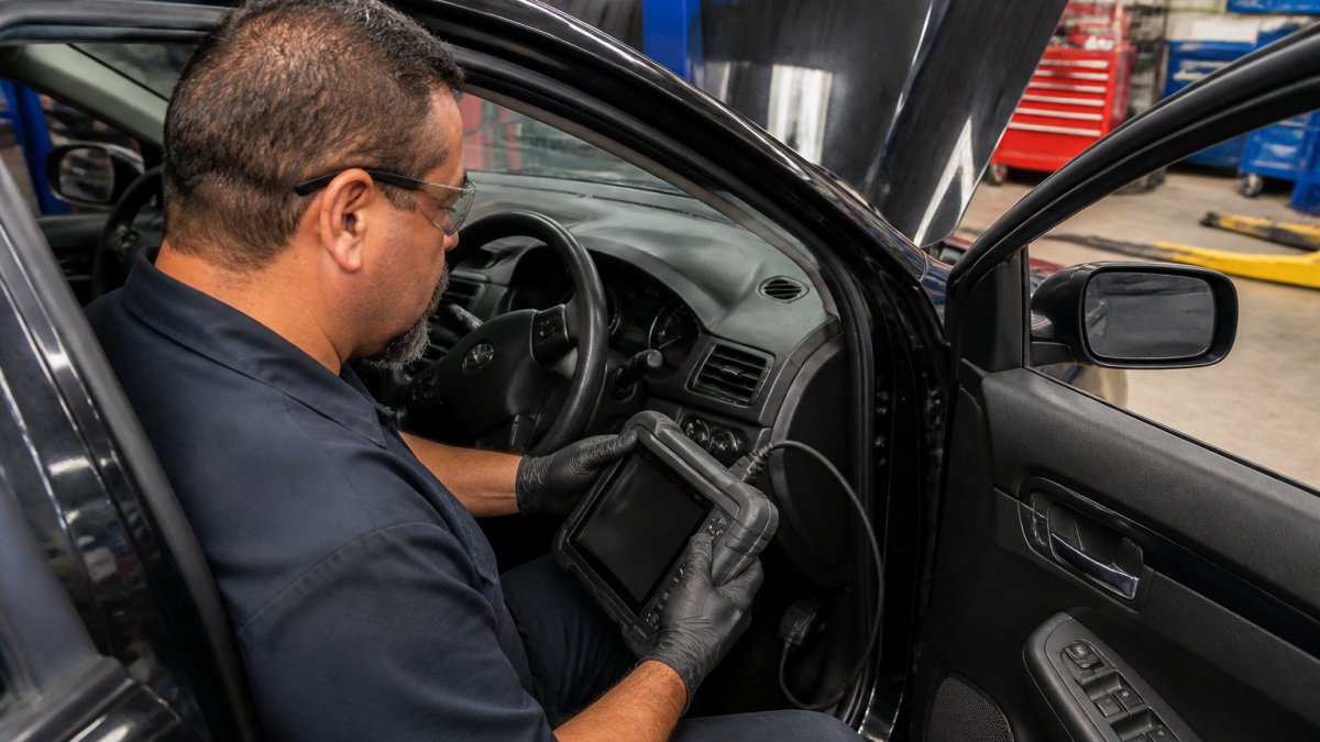 Professional ASE-certified technician using a diagnostic scan tool connected to a vehicle's onboard diagnostics port, with fault codes displayed on the tool's screen in a modern repair shop with bright fluorescent lighting