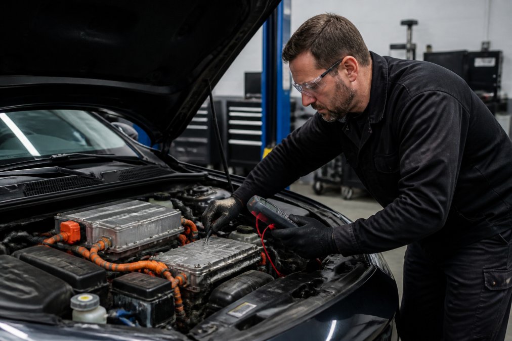 Experienced mechanic performing diagnostics on an electric vehicle, checking battery management systems and electric motor components with diagnostic scanner in a professional workshop with modern equipment