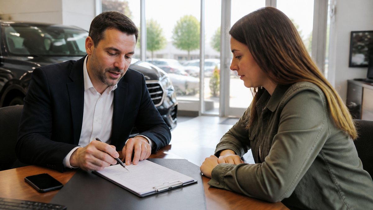 Professional finance manager reviewing auto loan documents with customer at desk in modern dealership office, natural lighting through windows