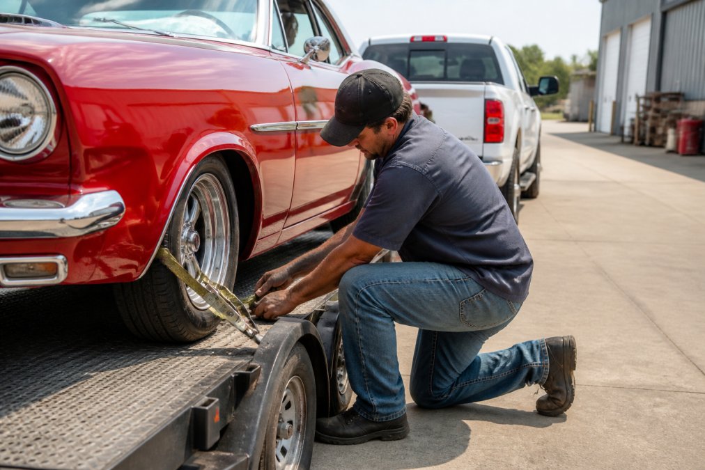 Person tightening a ratchet strap over a classic car tire on a car hauler rental trailer at a shop lot