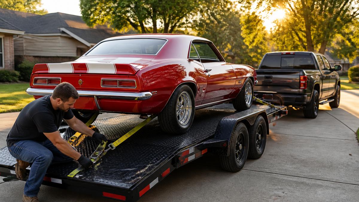 A person securing a classic car onto a flatbed car hauler trailer with ratcheting straps in a driveway, pickup truck hitched and ready, late afternoon sunlight