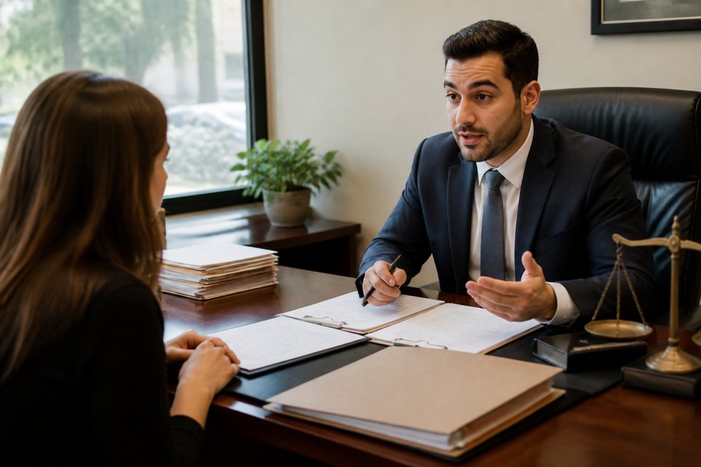 Professional attorney in business attire consulting with client across wooden desk in office with legal documents and case files visible, natural window lighting