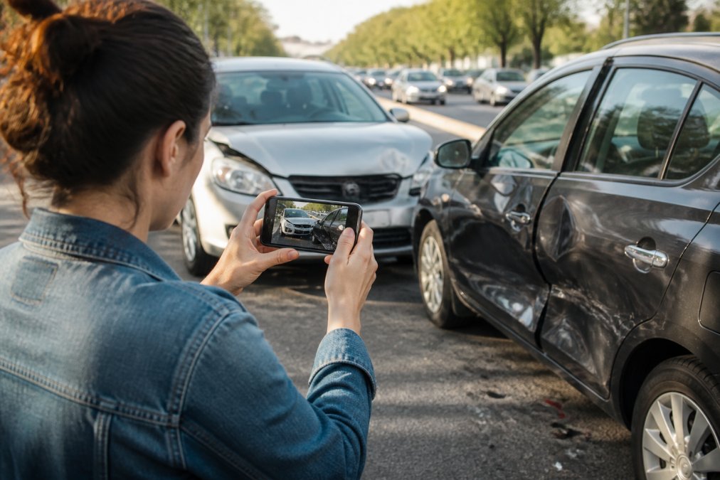 Person at accident scene photographing vehicle damage with smartphone, with damaged vehicles and traffic visible in background, daylight scene