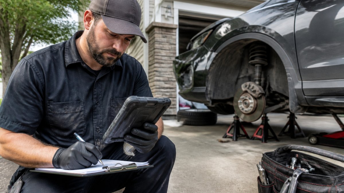 A journeyman-certified mechanic performing a mobile vehicle inspection in a driveway, using a diagnostic tablet and clipboard, with a car on jack stands in the background