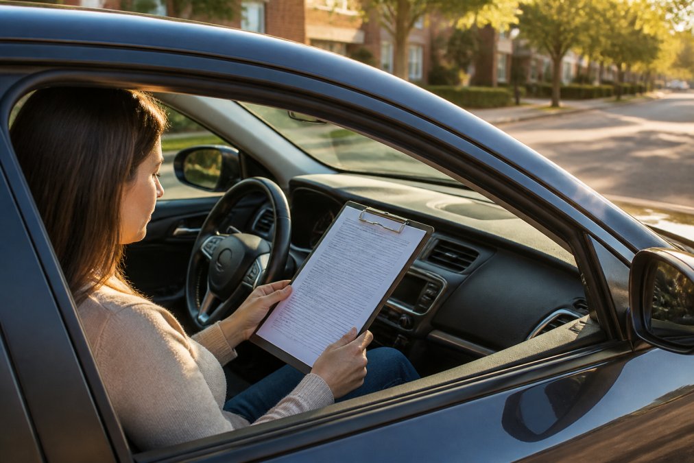 A driver sitting in a modern car parked on a suburban Denton street, reviewing an insurance policy document on a clipboard in late afternoon sunlight