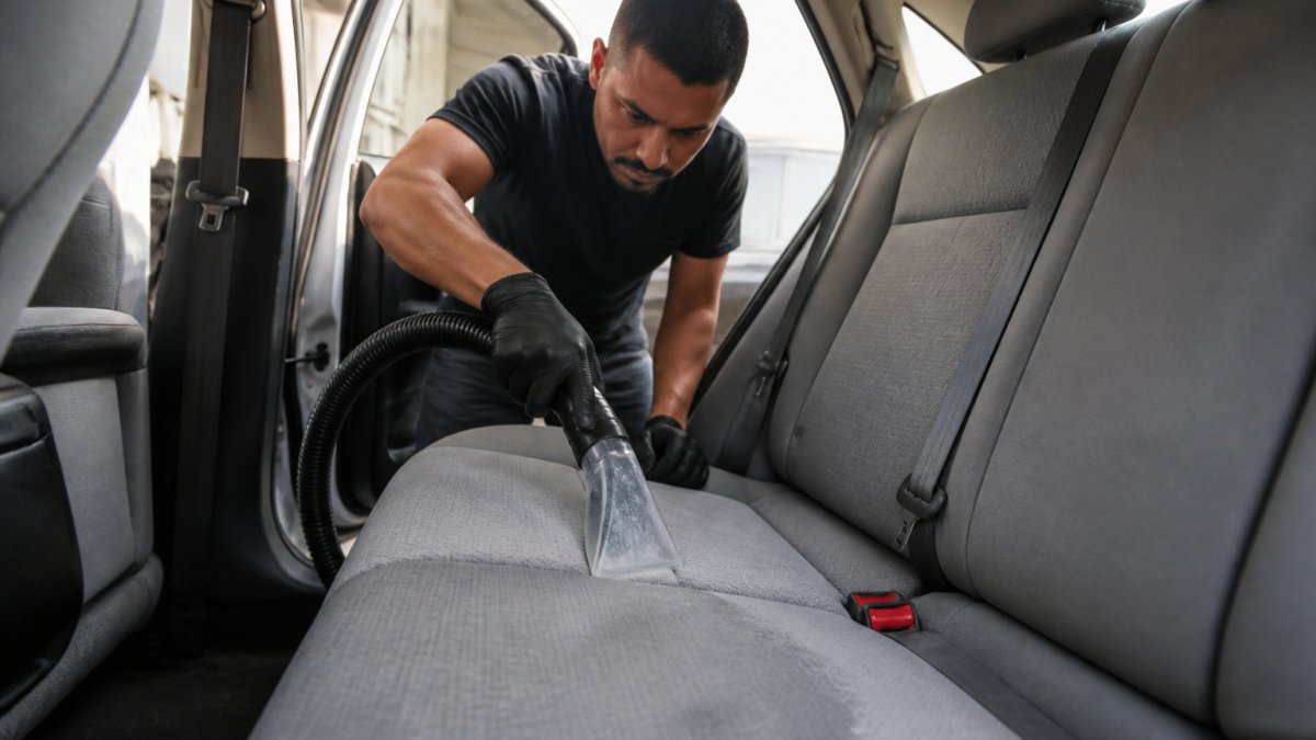 Professional detailer using steam cleaning equipment on vehicle fabric upholstery with visible water extraction and stain removal, natural lighting in modern detailing facility