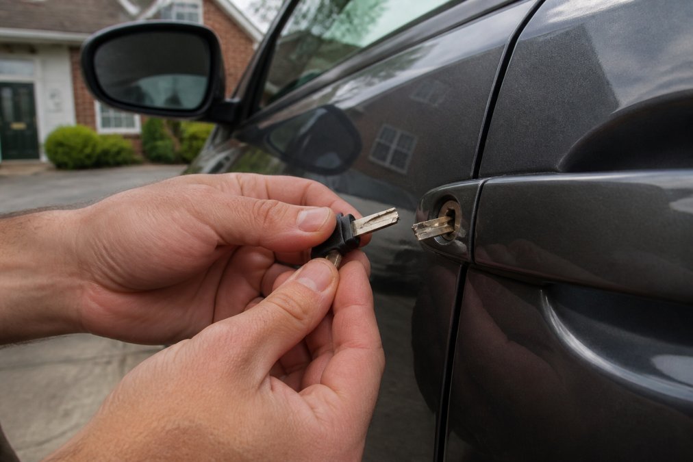 Close-up of a person's hands holding a broken car key half near a car door lock, with the other half still visible in the lock cylinder, in a residential driveway in Northern Virginia