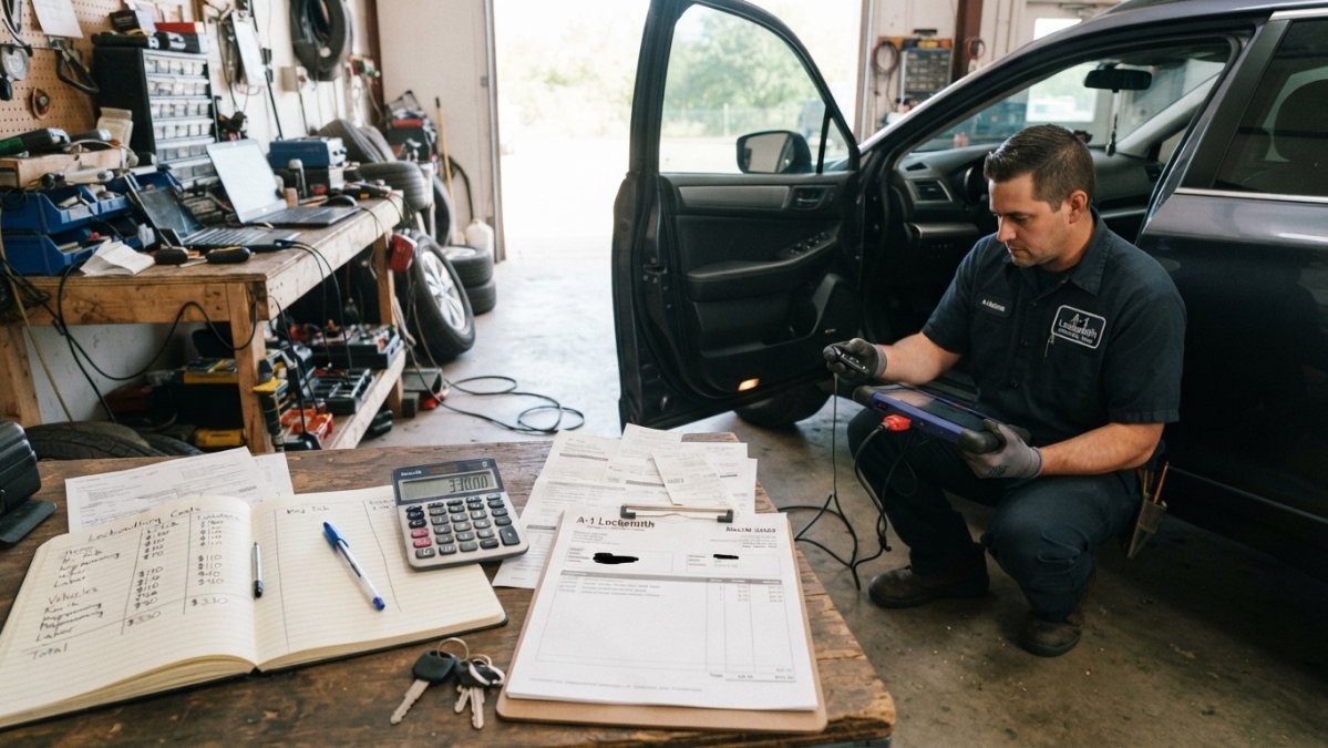 Licensed automotive locksmith holding diagnostic scanner and car key fob while working at vehicle door with professional tools visible on workbench