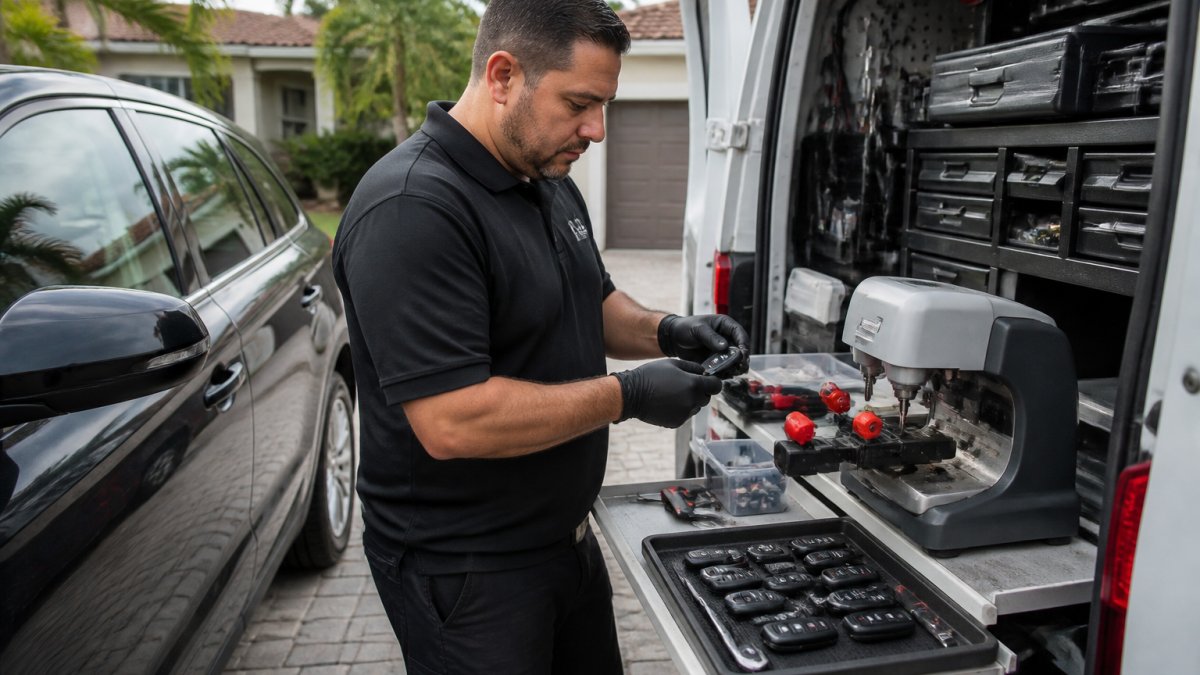 Locksmith in a mobile van performing a car key replacement using a laptop and cutting tools in a driveway