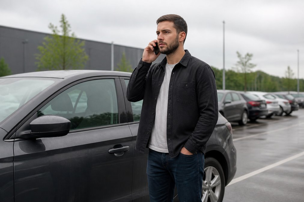 A person standing beside their car in a car park on an overcast afternoon, looking composed as they hold their phone to their ear, car door closed behind them, keys visibly absent from their hand