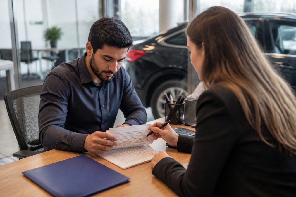 Permanent resident reviewing loan documents at desk with loan officer in modern office setting, paperwork and laptop visible, professional lighting