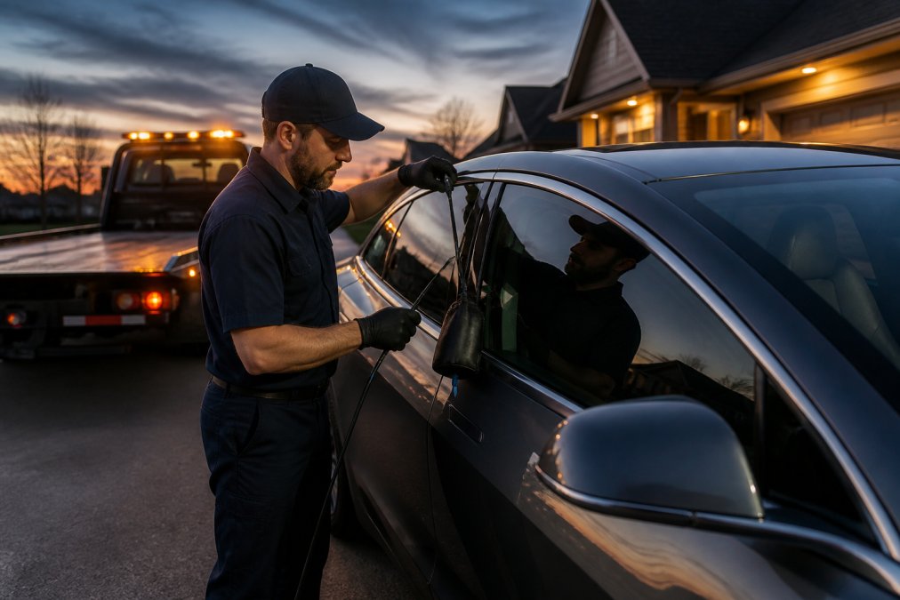 A professional technician in a navy uniform using specialized non-marring air wedge tools to carefully access the door of a modern electric sedan in a residential driveway at dusk, with a flatbed tow truck parked nearby