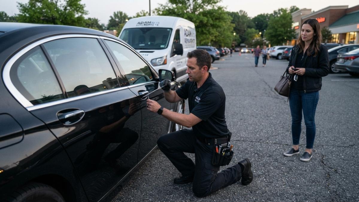 Locksmith using a slim tool on a luxury sedan during a car lockout service review for luxury vehicles.