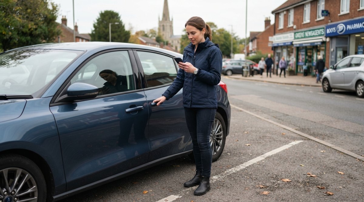 Driver standing beside locked car, looking at mobile phone with hand on car door handle, appearing calm and focused on finding solutions