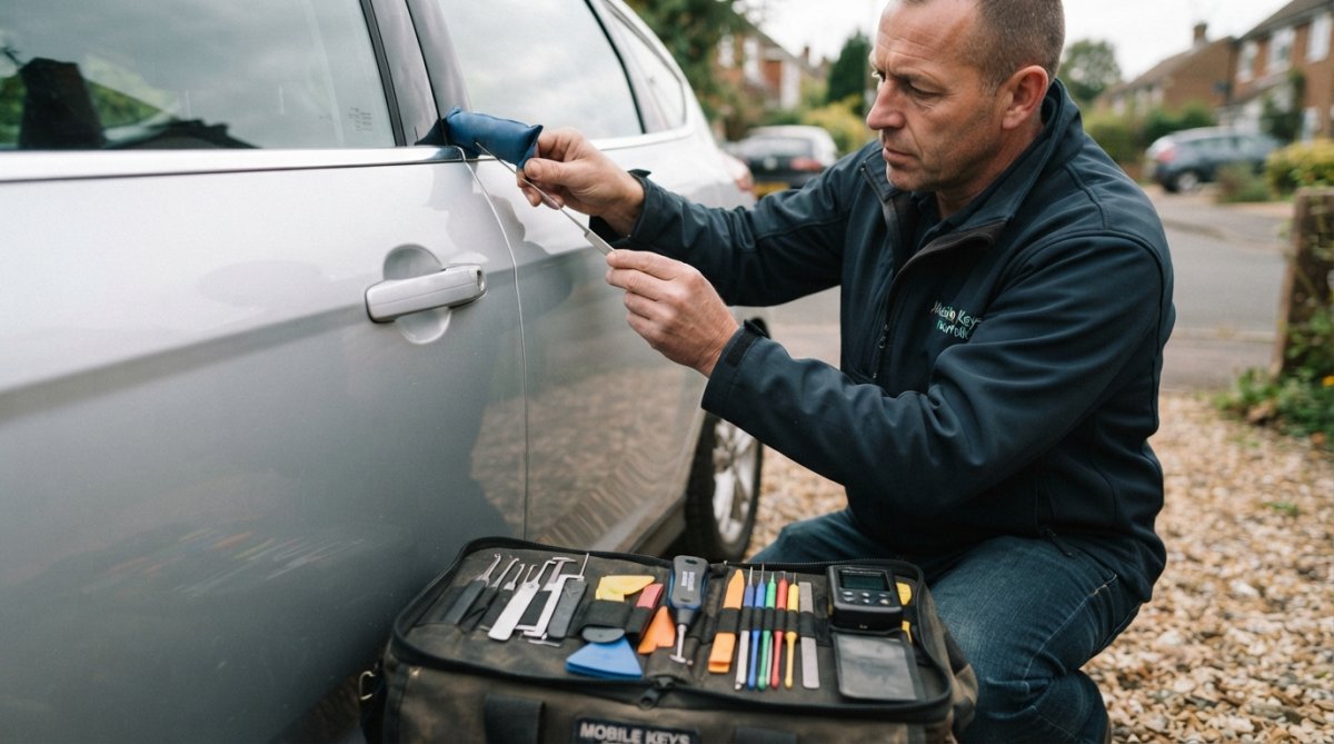 Professional auto locksmith's hands using specialized non-destructive entry tools near a car door, with professional toolkit visible containing various precision instruments