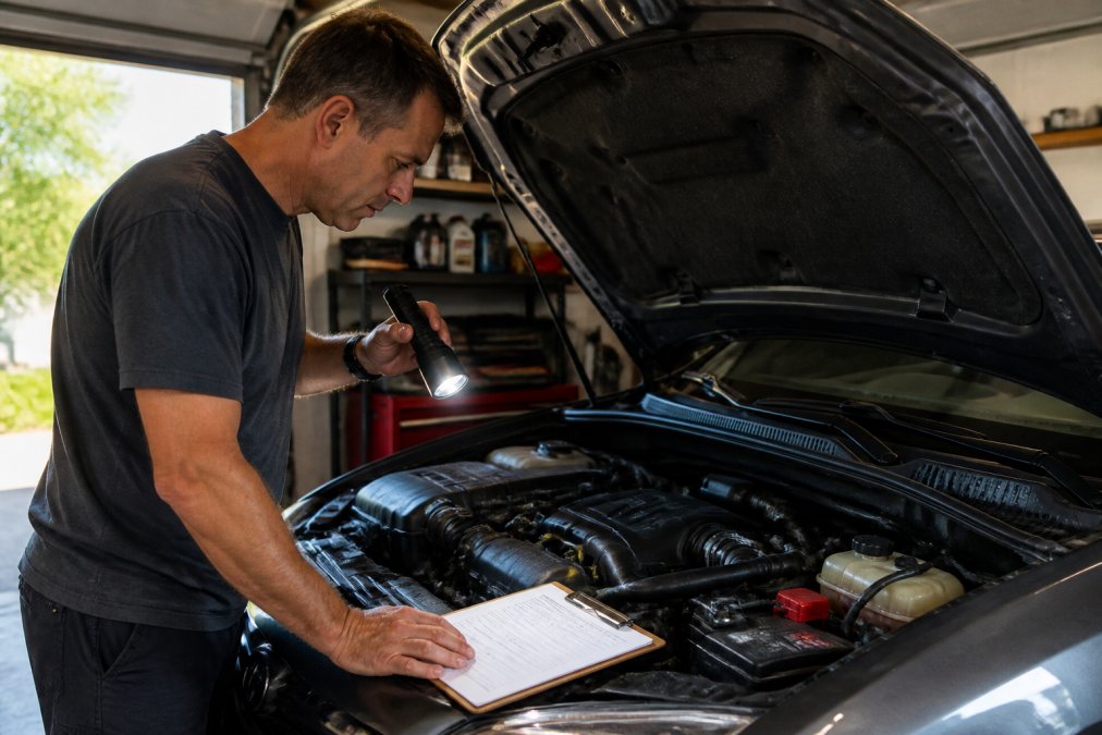 A car owner in a home garage inspecting the engine bay of a sedan with the hood open, holding a flashlight and a printed checklist on a clipboard resting on the fender
