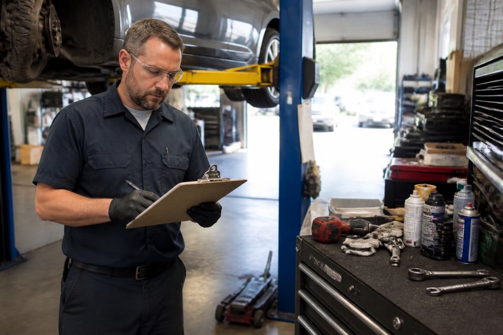 Mechanic reviewing a car maintenance schedule on a clipboard in a shop