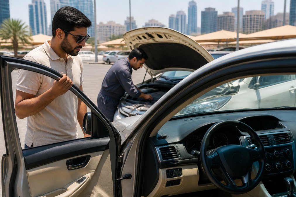 A car owner standing beside an open car door in a sunny parking area, looking at the dashboard AC controls while a mechanic in the background inspects the engine bay