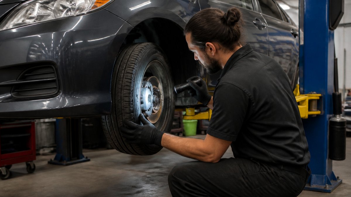 Mechanic inspecting a vehicle brake rotor for a grinding noise turning the front wheel in a repair shop.