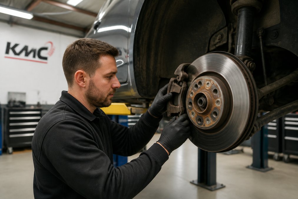 Mechanic inspecting brake pads and rotors during a Car MOT in Northamptonshire at a modern garage.