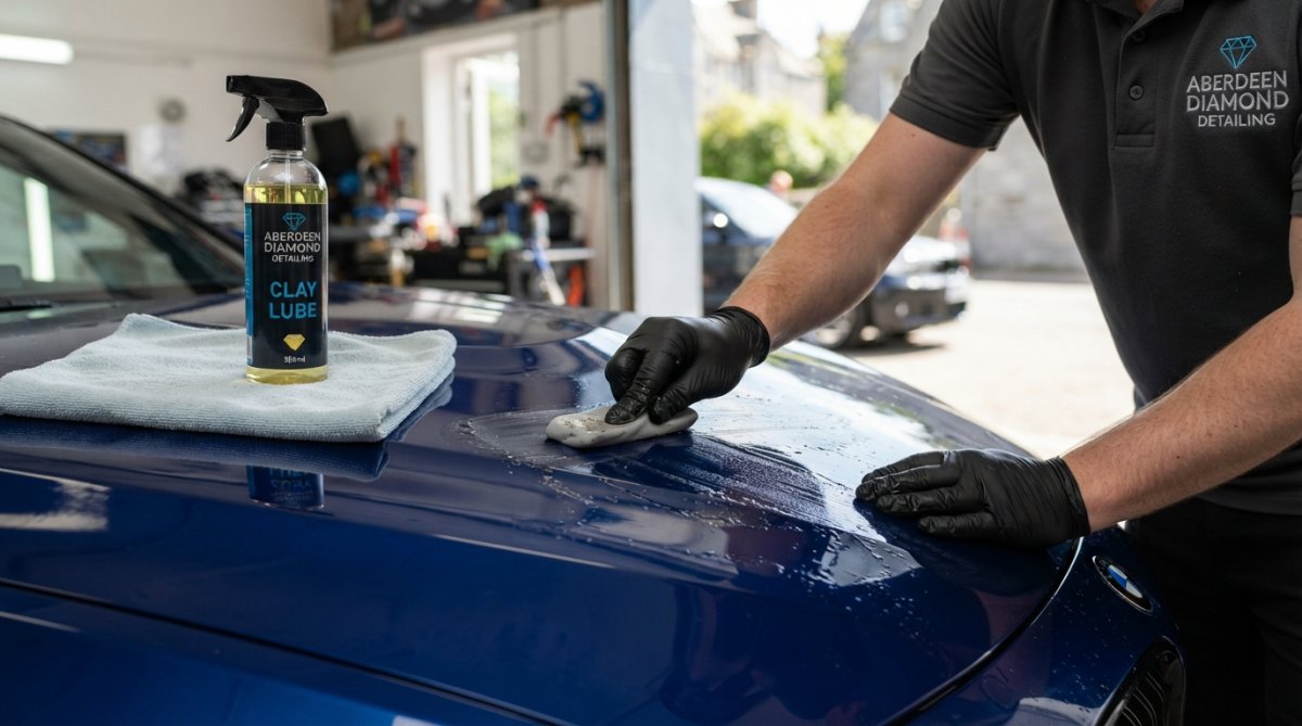 Professional detailer's hands demonstrating clay bar technique on a car's bonnet, holding the bar at a 45-degree angle with spray bottle of lubricant nearby on a sunny day, showing proper grip and motion