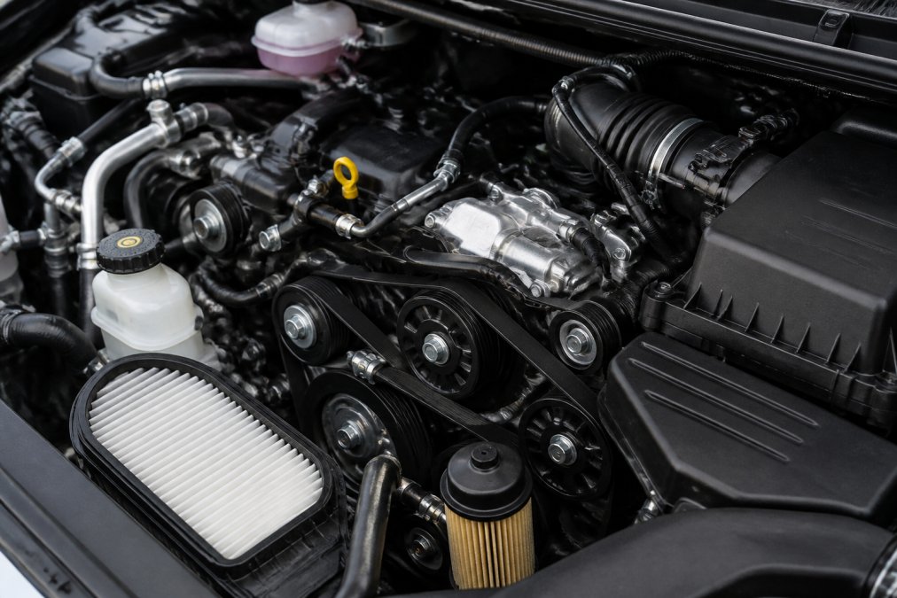 Close-up of a vehicle engine with various replacement parts highlighted, showing mechanical components like belts, hoses, and filters in good condition