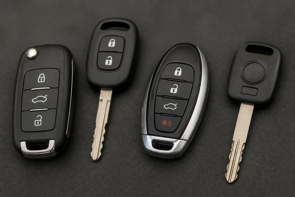 Close-up of four car key types arranged on a dark surface: a standalone key fob, a remote head key with blade, a push-to-start smart key, and a transponder chip key under soft natural light
