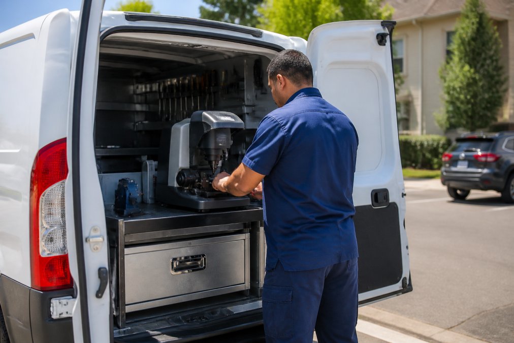A mobile locksmith technician in a blue uniform using a key cutting machine mounted in the open rear doors of a white service van in a suburban parking lot, midday natural light