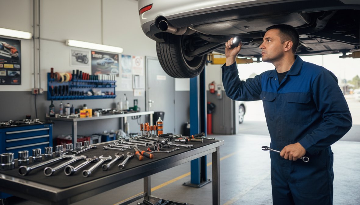 A professional mechanic in a clean workshop inspecting the underside of a car on a hydraulic lift, with tools laid out neatly on a stainless steel workbench in the background, under bright fluorescent lighting