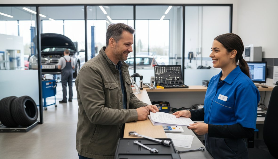 A friendly service centre advisor handing paperwork to a customer at a reception desk inside a well-lit auto repair facility, both appearing relaxed and professional, with a clean waiting area visible in the background