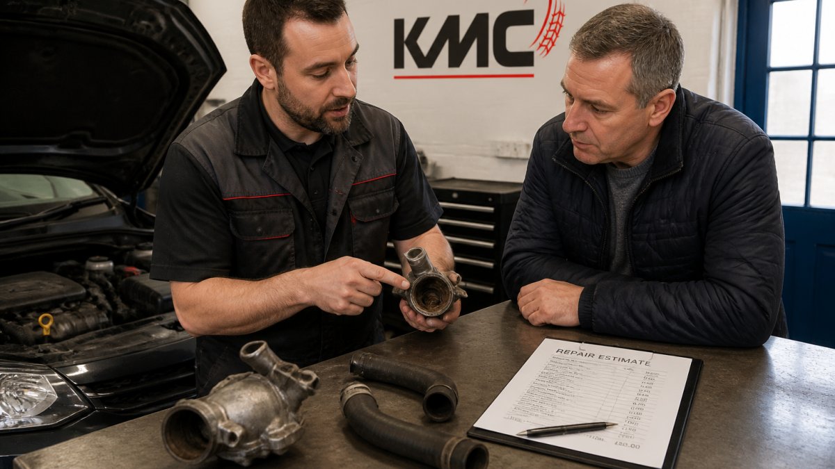 Experienced mechanic discussing unexpected repair findings with car owner in workshop, showing vehicle components and repair estimate paperwork on workbench with natural light