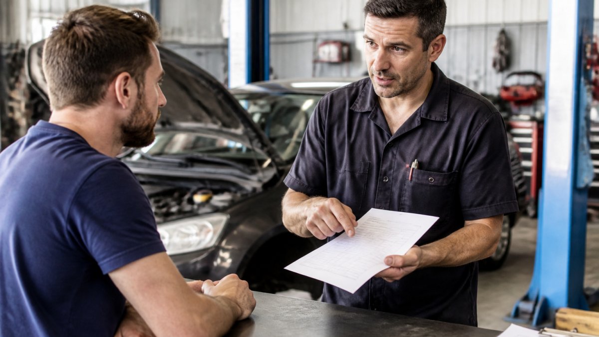 Professional mechanic in workshop holding written repair estimate, discussing vehicle components with customer at service counter, natural workshop lighting