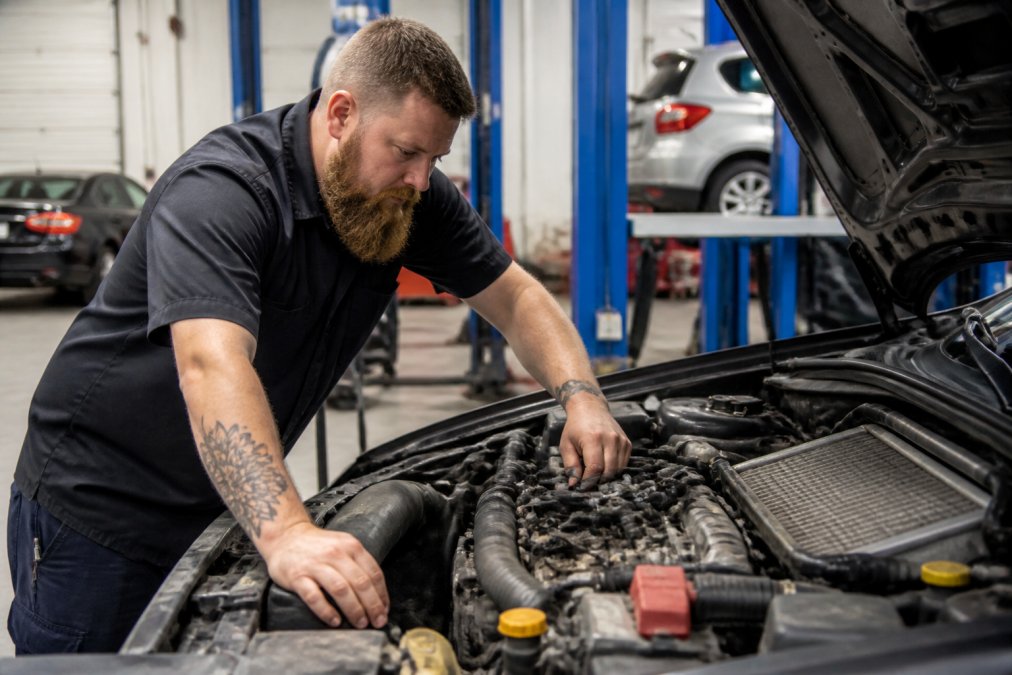Mechanic inspecting vehicle engine with diagnostic equipment, identifying urgent repair needs in automotive service bay