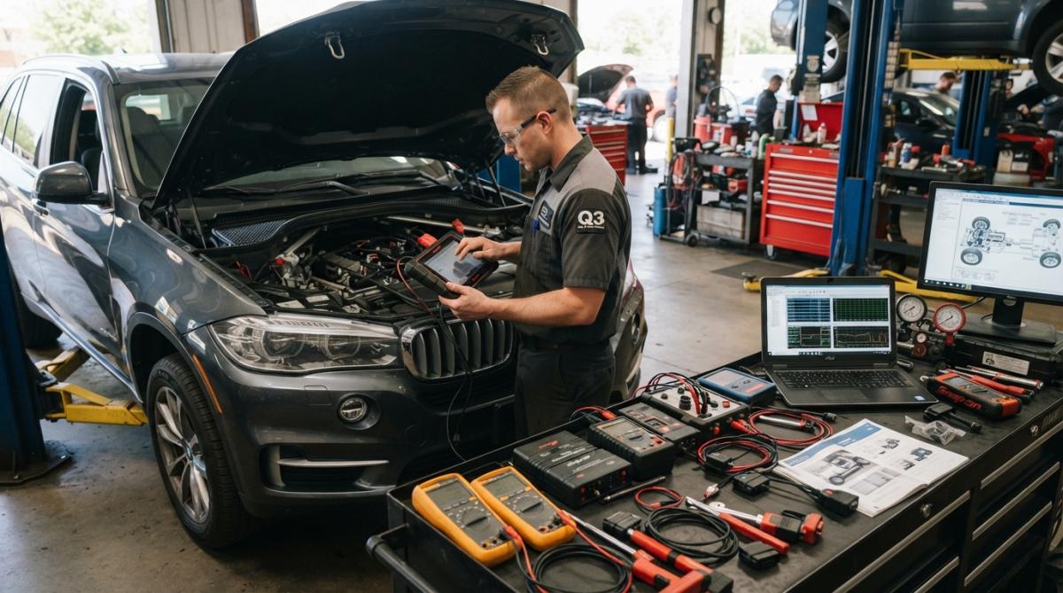 Technician using diagnostic equipment for specialized training repairs in a modern automotive repair shop