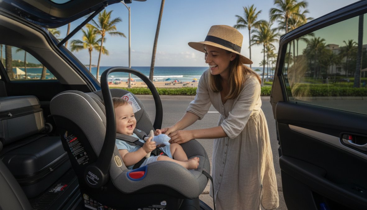 Parent loading a clean, brand-new car seat into a rental car at a beach vacation home, with palm trees and coastal setting visible