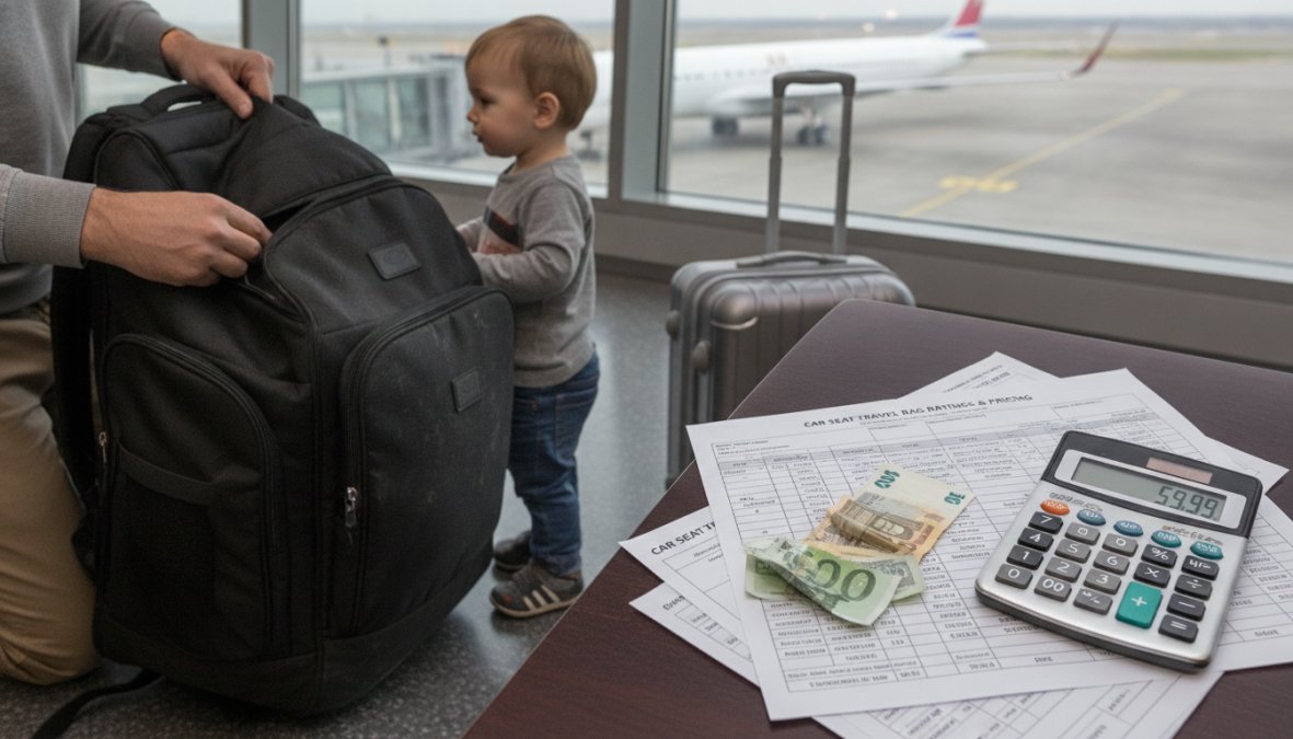 A parent at an airport gate kneeling beside a padded backpack-style car seat travel bag, zipping it closed with a toddler standing nearby and a carry-on bag resting against a row of seats in the background, warm terminal lighting