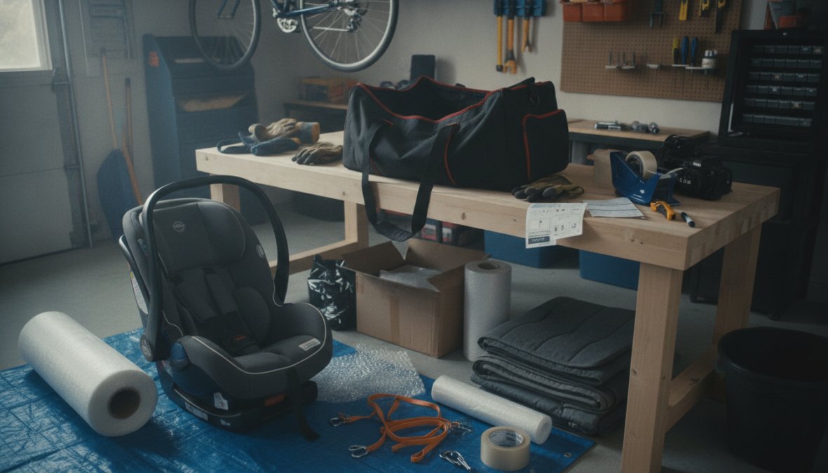 Close-up of a parent's hands securing a convertible car seat inside a heavy-duty nylon travel bag on a living room floor, with rolled baby clothes visible around the seat and backpack straps laid flat beside the bag, warm natural light from a nearby window