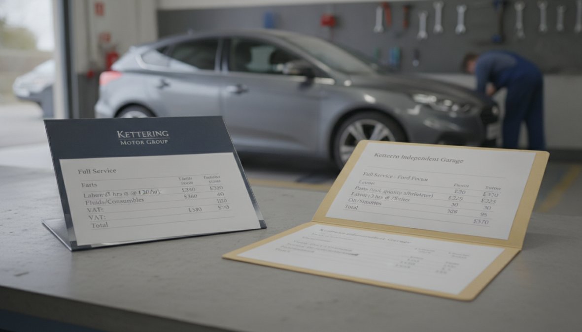 A female service advisor and a male customer standing at a garage reception desk reviewing a printed vehicle service invoice together, with a silver saloon car visible through the open workshop door behind them, under warm overhead lighting