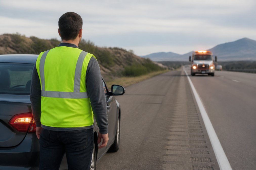 A stranded driver in a reflective safety vest standing safely behind their vehicle on the highway shoulder, hazard lights flashing, with an approaching tow truck in the distance