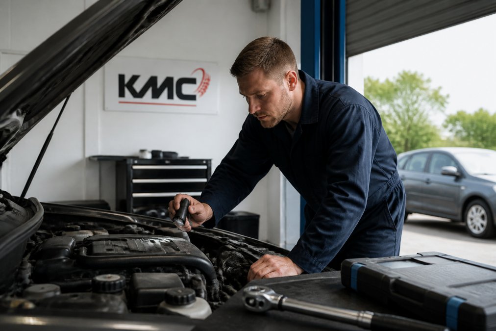 A mechanic in clean navy overalls inspecting a car engine bay in a well-lit garage workshop, diagnostic equipment and a torque wrench on a nearby bench, mid-morning daylight through the roller door