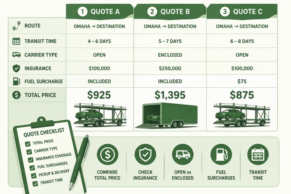 Side-by-side comparison of three shipping quotes on a table, with a checklist and pen highlighting key terms