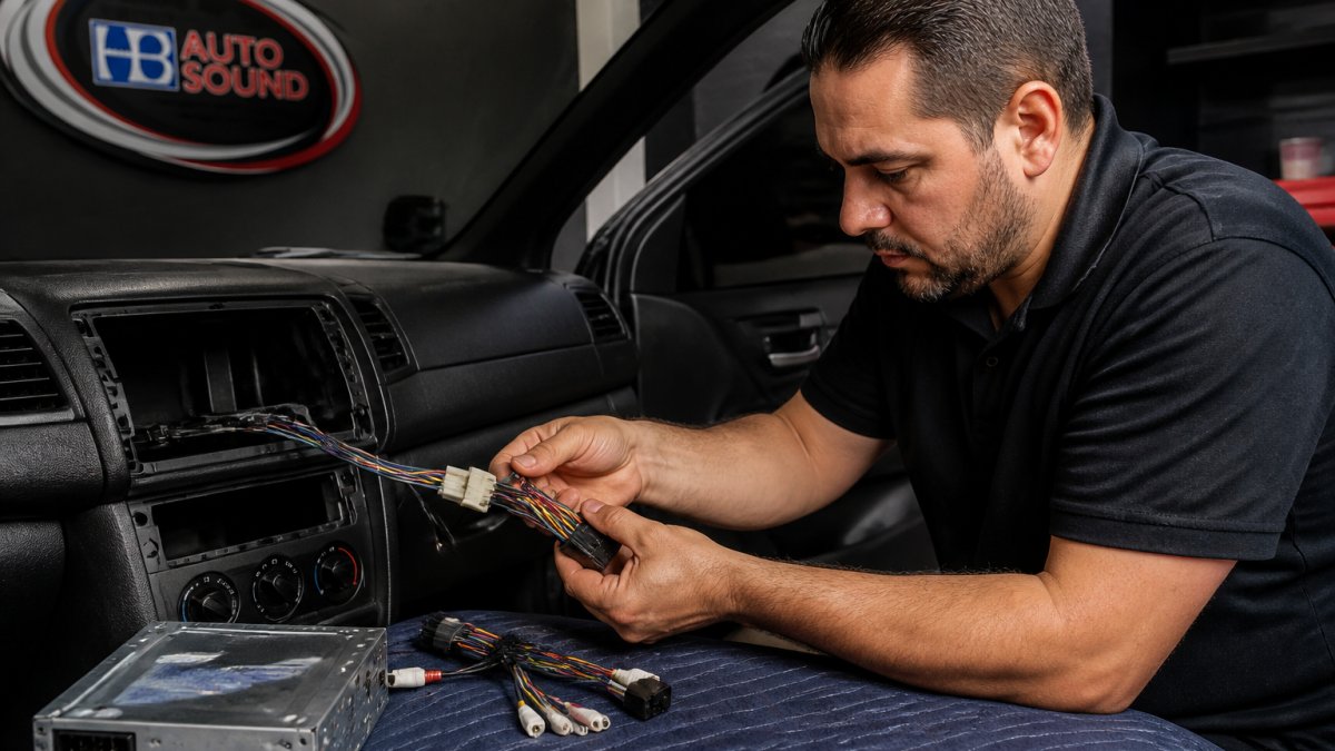Professional car audio technician carefully removing factory stereo from dashboard and preparing wiring harness connections for new head unit installation