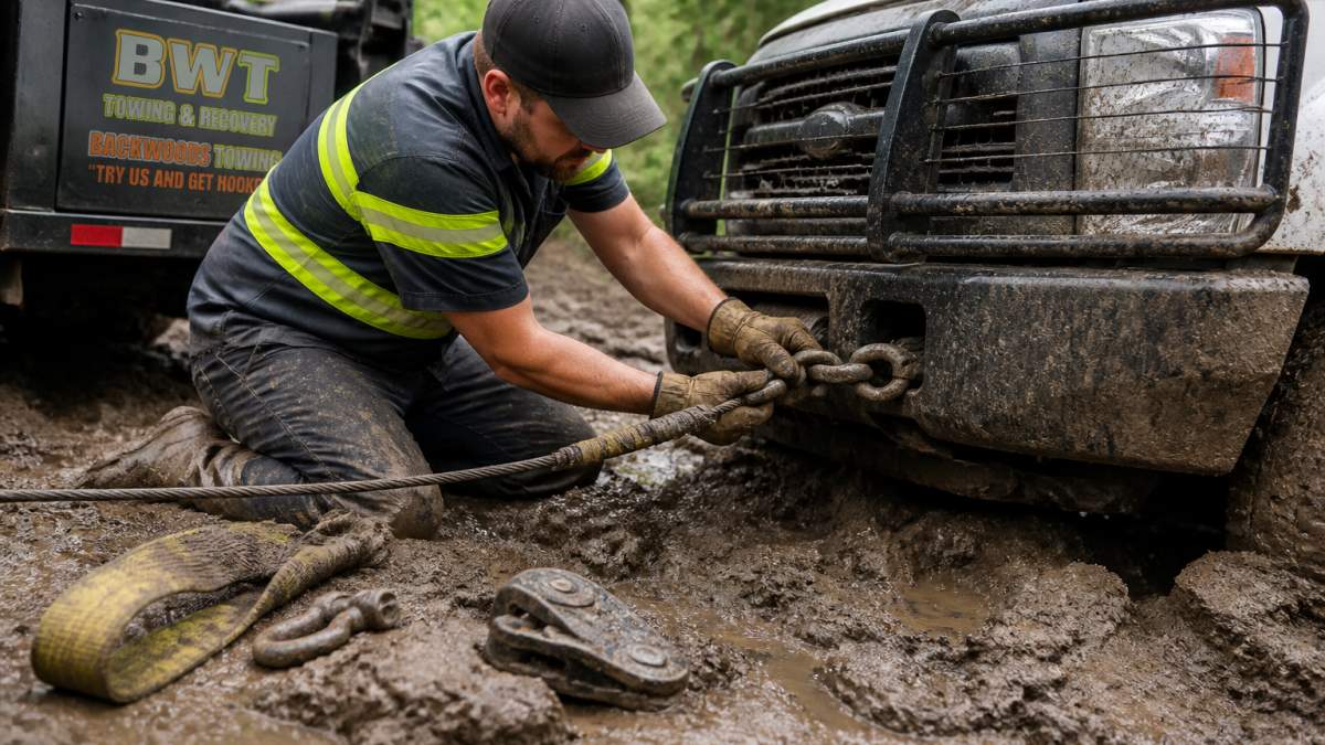 Professional demonstrating proper winch cable attachment to vehicle recovery point on muddy terrain with clear rigging technique visible